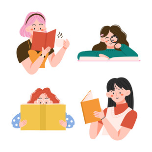 女孩读书卡通插图
