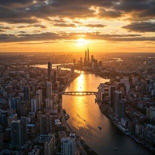 城市河畔壮丽日落景观