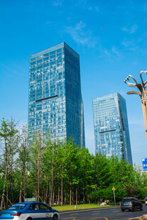 城市高楼与绿树景观