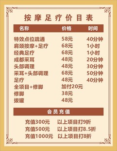按摩理疗价目表