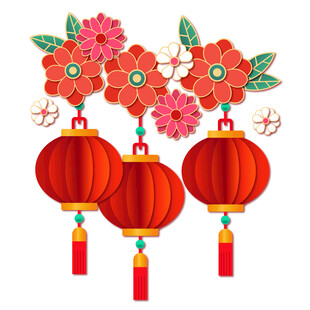 手绘风矢量剪纸风灯笼花卉