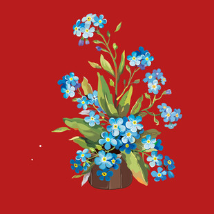 红色背景上的蓝色花卉插画