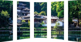 中式园林风景四幅屏画