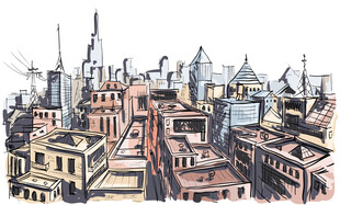手绘风格的城市建筑景观