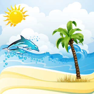 夏日海滩海豚与棕榈树