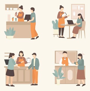咖啡店员工服务场景插画