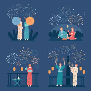 节日烟花下的欢乐人群