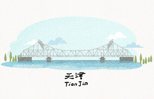 江上桥梁风景插画
