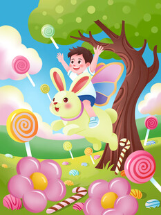 儿童骑兔畅游梦幻糖果世界