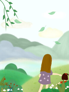 女孩与狗漫步于春日美景