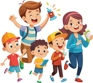 欢乐儿童与老师户外同行