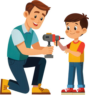 父亲教孩子使用电钻