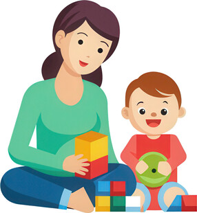 母亲与孩子快乐玩积木