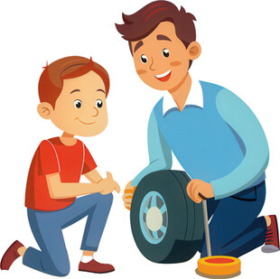 父子共修轮胎的温馨时刻