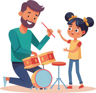 老师教小女孩打鼓