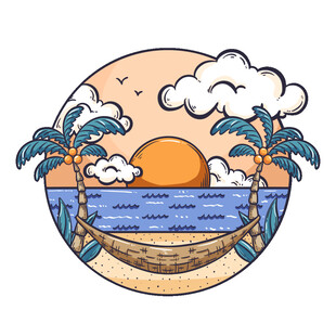 海边日落与椰树吊床美景