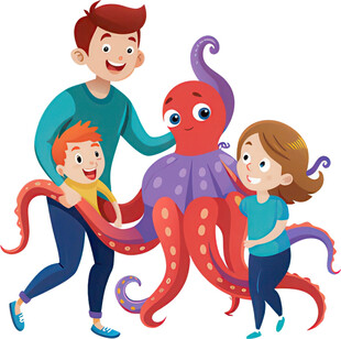 家庭与章鱼的欢乐互动