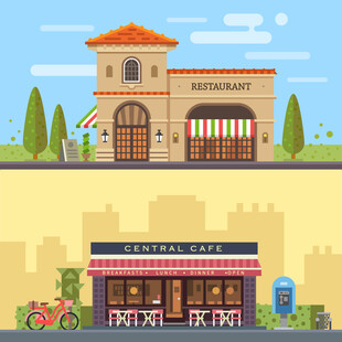 街边特色店铺建筑插画