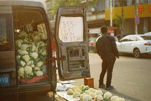 街头鲜花售卖车与卖花人