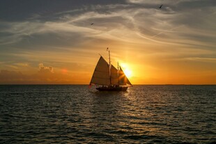 海上帆船迎夕阳美景