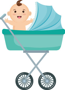 婴儿坐于蓝色婴儿推车中