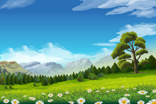 春日绿野繁花风景图