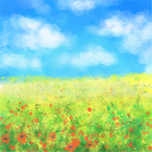 梦幻绿野花海蓝天美景
