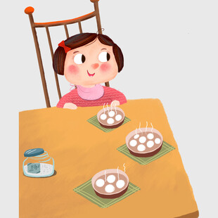 女孩开心吃桌上的食物