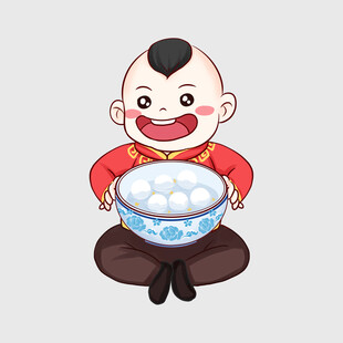 小孩捧碗吃汤圆