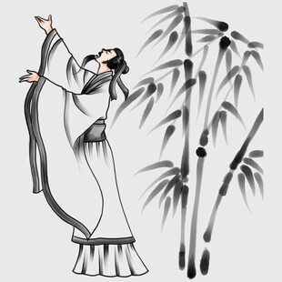 古典女子伴竹起舞