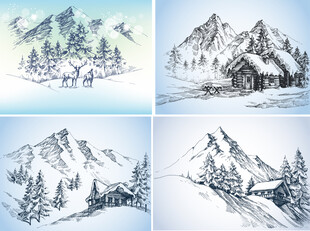 冬日雪山风景素描图