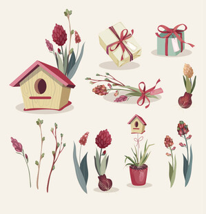 春日花鸟礼品插画元素