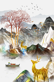 麋鹿山水玄关装饰画