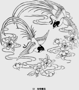 双凤戏花线描图案