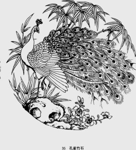 中式孔雀竹子黑白插画