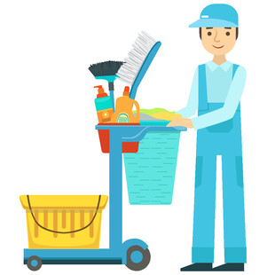 清洁工人与清洁工具推车