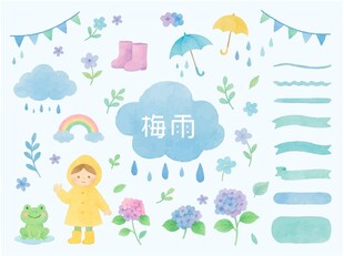 清新梅雨季节插画元素