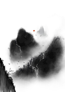 水墨山水间的一抹红
