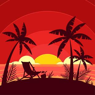 夕阳下的海滩休闲场景