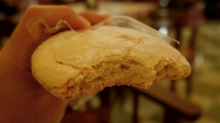 手拿咬过的美味小饼干