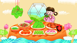 女孩在美食岛屿上的欢乐时光