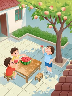 小孩在院子吃西瓜
