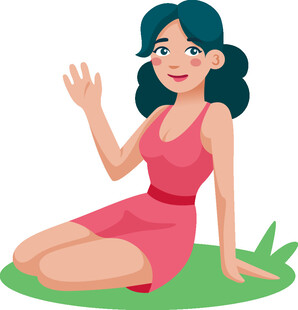 草地上挥手的红衣女子