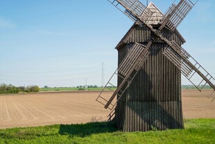 田野中的古老木质风车