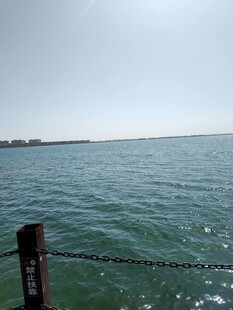 海边围栏处的广阔水域景色