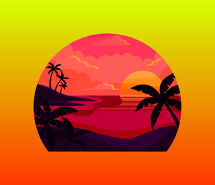 夕阳下的海边椰树美景