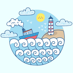 海上灯塔与船只插画