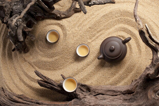 禅意中式茶具与枯木景观