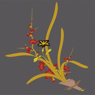 手持黄枝红果插花图