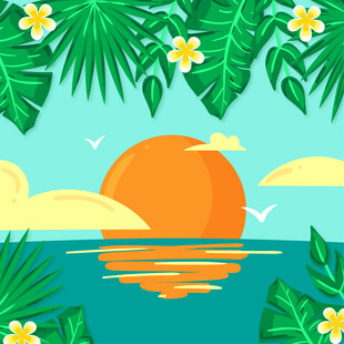 海边日落热带风光插画